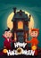 Children in monster costumes dracula and devil at background home Tricks Or Treat Happy Halloween banner