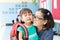 Children and mother crying first day go to pre-kindergarten scho