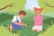 Children observe nature with magnifying glasses, boy and girl holding butterfly insect