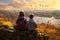 Children observing flock of geese during migration. Children sitting on hill and observing beautiful nature. Flying geese