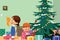Children Opening Christmas Presents Illustration