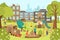 Children at outdoor playground near house, vector illustration. People kids character play at park background landscape