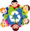 Children over planet with recycle sign
