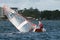 Children in overturned sailing racing dingy. April 16, 2013: E