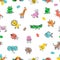 Children paint pattern. Fingerprint animals, cute drawing insect and wild animal print. Kids doodle vector seamless