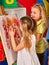 Children painting finger on easel in art class.