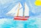 Children painting - sailing vessel in blue ocean