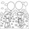 Children at the park playing with balloons. Vector black and white coloring page.