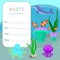 Children party invitation card template Colorful sea animals, fishes and plants