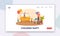 Children Party Landing Page Template. Happy Family Decorate Room Hanging Garlands and Blow Balloons for Celebration