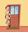 Children peek in the door. Opened the entrance. Funny kid. View from inside the room. Cartoon style. Flat design. Vector