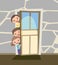Children peek in the door. Opened the entrance. Funny kid. View from inside the room. Cartoon style. Flat design. Vector