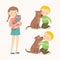 Children and pets. Child lovingly embraces his pet dog. Little dog licking boy`s cheek. Teenage girl with her cat. Best