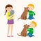 Children and pets. Child lovingly embraces his pet dog. Little dog licking boy`s cheek. Teenage girl with her cat. Best