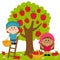 Children picking apples under an apple tree. Vector Illustration