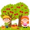 Children picking cherries under a cherry tree. Vector illustration