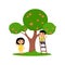 Children picks apples. Cute asian boy sits on the stairs, little  girl stands next to an apple tree