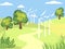 Children picture, art. Wind generator standing in a park, field. In minimalist style. Cartoon flat vector