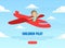 Children Pilot Landing Page Template, Cute Boy in Retro Leather Flight Helmet Flying Plane Like Real Pilot Vector