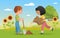 Children plant seeds, funny child boy holding shovel, little happy farmer girl planting