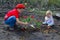 Children planting tulips over burned ground