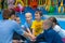 Children play with the animator in the entertainment center. Cheboksary, Russia, 10/20/2018