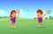 Children play badminton. Happy boy and girl with racket and shuttlecock on court, little kids playing outdoors, cartoon