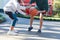 Children play basketball at summer camp