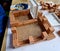 children play bricklayers. building a house from burnt bricks kit. cornmeal glue.