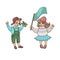 Children play in kindergarten. Boy with binoculars and girl with flag. Vector character designe