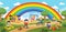 Children play outside with rainbow background.