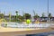 Children play on a playground in a new park on the city embankment