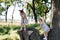 Children play in the summer park and climb trees. Children`s vacation