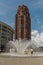 Children play in the water flows from the fountain in front of the Main Plaza Tower, Frankfurt, Germany
