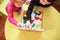 Children play wooden magnetic educational games together. view from above. kids play with a constructor