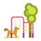 Children playground with horizontal bars, artificial horse and tree
