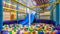 Children playground indoor. Nice plastic gym for activity in playroom. Panorama inside the plastic dry pool with colorful balls