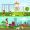 Children playground vector illustration in flat style design. Kids playing on playground.