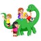 The children playing on the apatosaurus body and get into it with their friend with the big green dinosaur