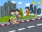 Children playing bicycle and skateboard on the street cartoon