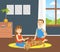 Children Playing with Cute Pet Animal at Home, Pet Domestic Animal and Happy Owners Flat Vector Illustration