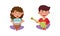 Children playing musical instruments set. Cirl and boy playing domra, drum cartoon vector illustration