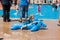 Children playing at outdoor paddling pool.