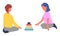 Children playing with pyramid toy vector flat illustration. Kids stack a pyramid of colored rings