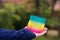 Children playing with rainbow colored wire spiral