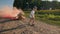 Children playing while riding on a cardboard plane