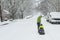 Children playing in the snow with a sled.