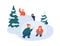 Children playing snowballs vector illustration. Cheerful friends enjoying snowball fight. Cartoon boys and girs hiding