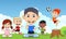 Children playing soccer, eating ice cream, running, in the park cartoon vector illustration