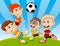 Children playing soccer in the park cartoon vector illustration